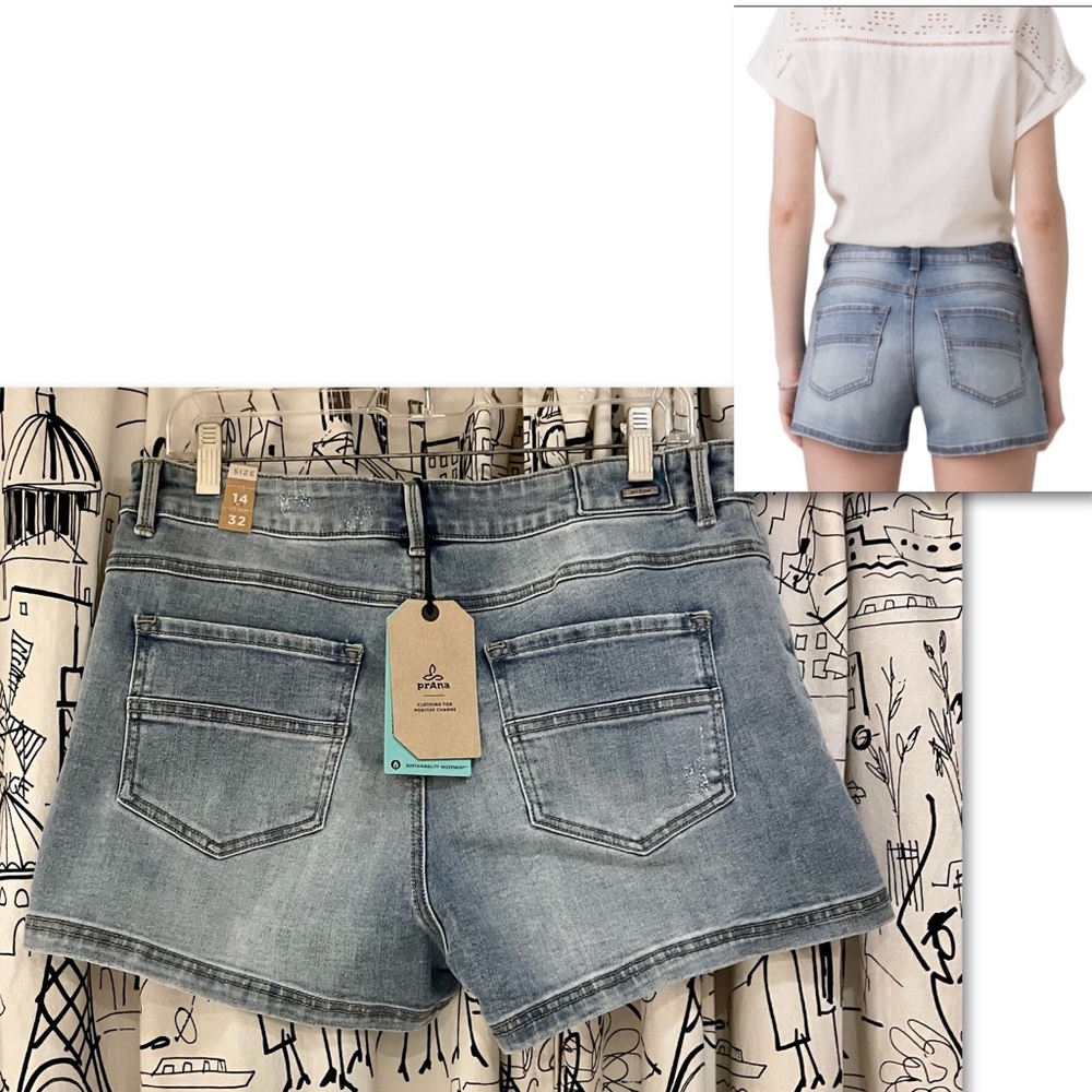 NEW prAna Gram Denim Organic Cotton Jean Short Button Fly Vintage Style Sz 14 32 - Picture 2 of 16